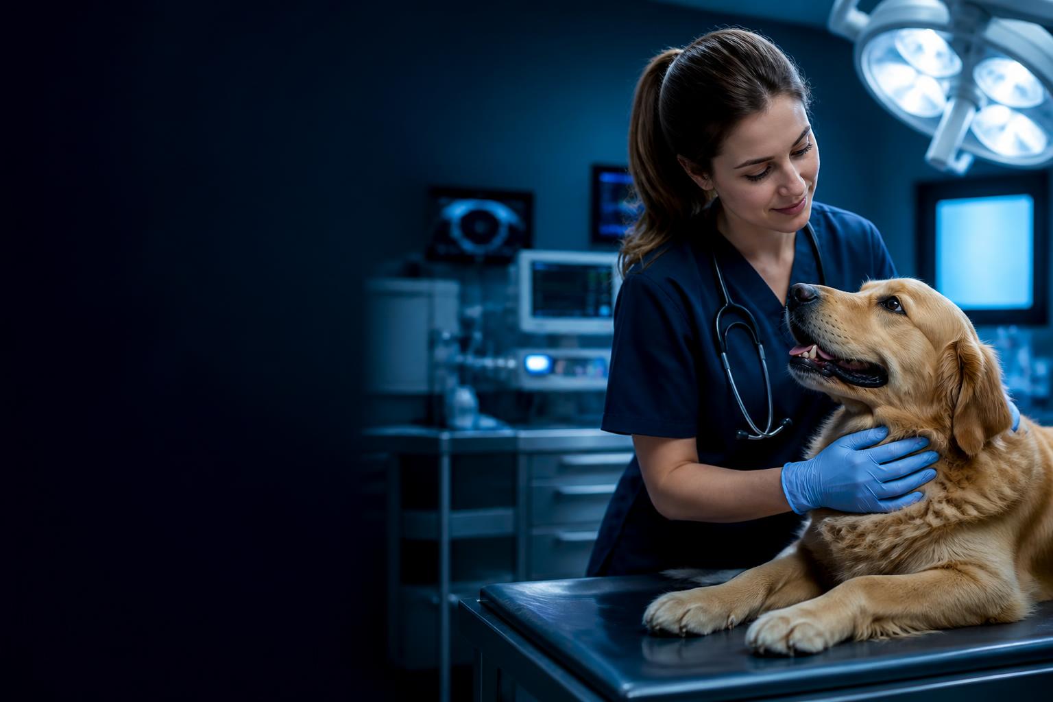 Veterinária examinando Golden Retriever em hospital veterinário